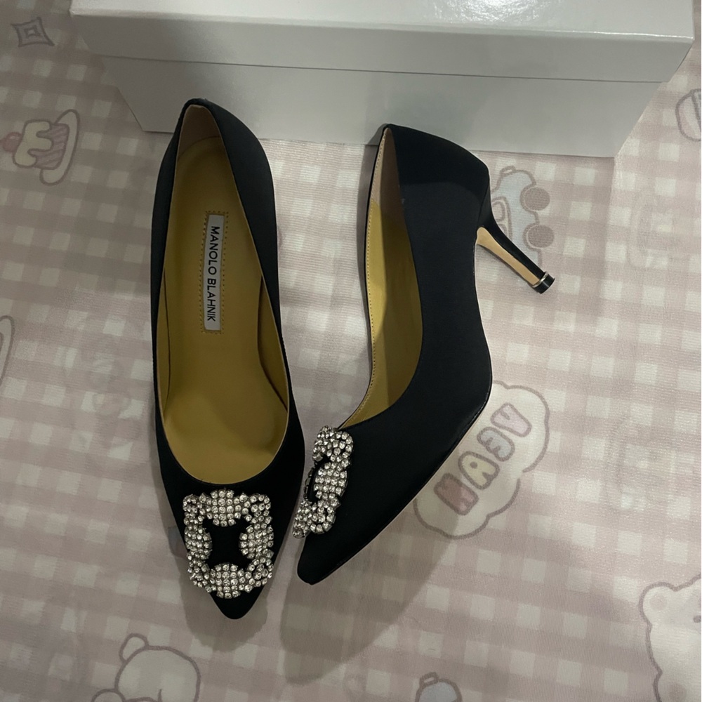 Manolo Blahnik Black Satin Pointed Pumps with Crystal Buckles - Picture 2 of 8